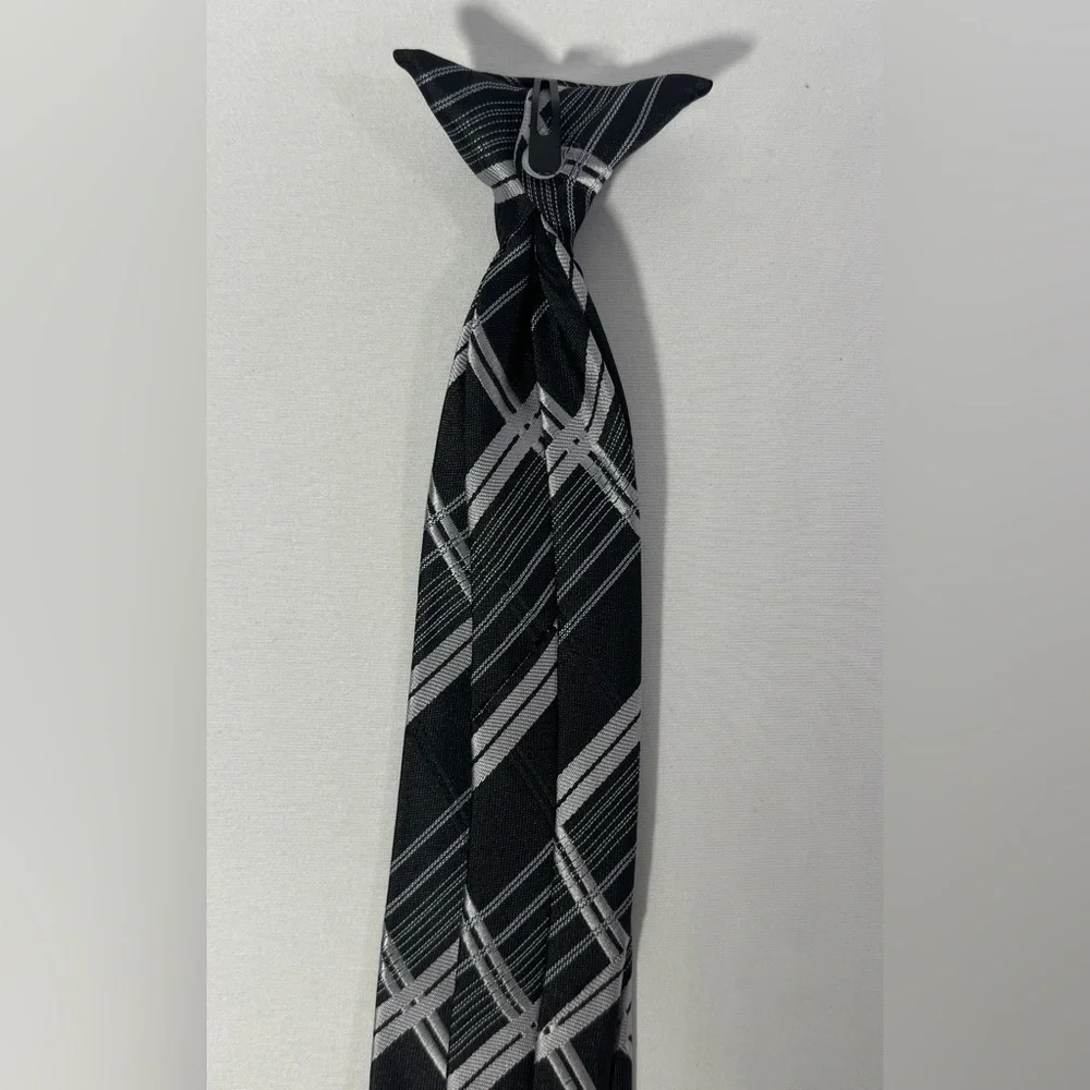 Boys Striped Clip On Tie Necktie Black Gray Plaid 17” Long